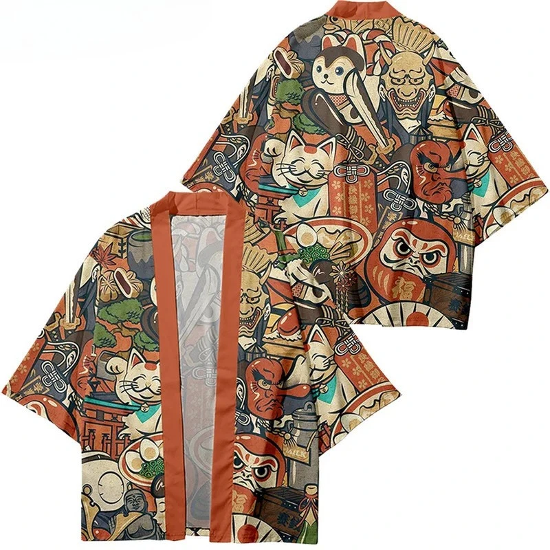 طباعة قطة على الطراز الياباني، هاوري كيمونو، يوكاتا، الساموراي، كيمونو للرجال والنساء، الملابس الآسيوية التقليدية، سترة هاراجوكو