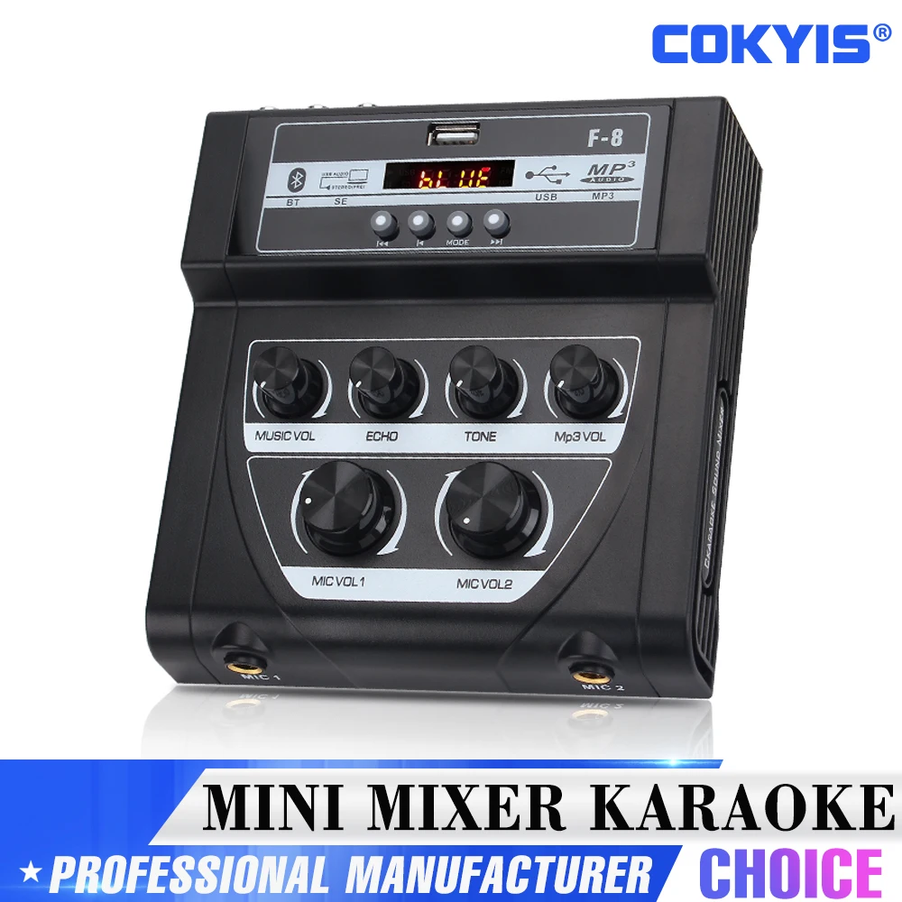 

MF-8 mini mixer karaoke audio outdoor mixer stereo echo dual microphone input amplifier with BT recording effect mp3