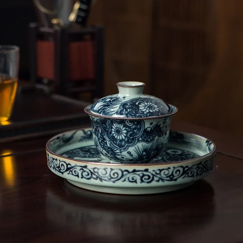 Jingdezhen Antique Chinese Blue and White Porcelain Cover Bowl Pot Bearing Coaster Sancai Tea Bowl Kung Fu Tea Set 180ml Ceramic