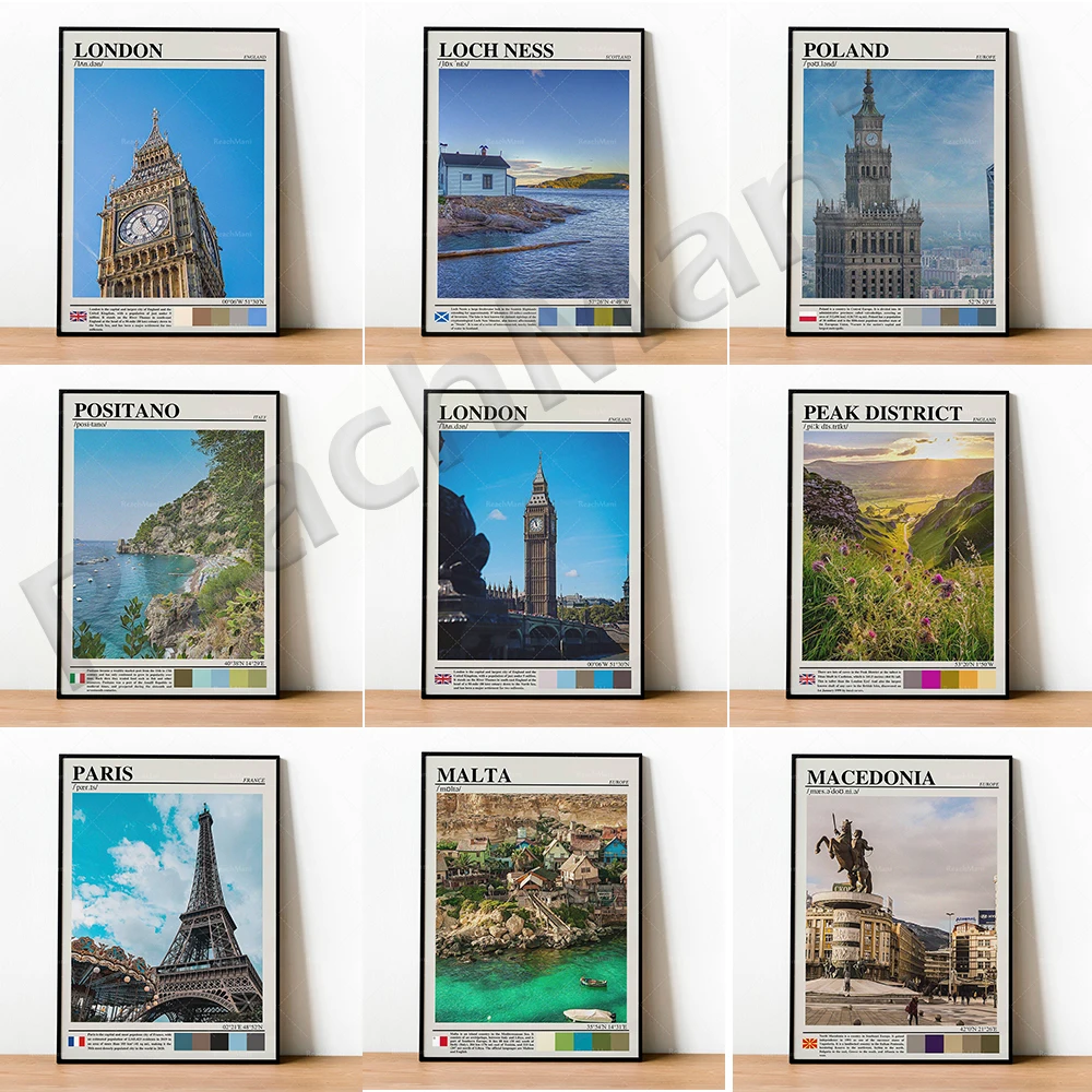 Loch Ness, London, Luxembourg, Macedonia, Madrid, Malta, France, Peak District, Warsaw, Poland, Positano, Wales Travel Poster