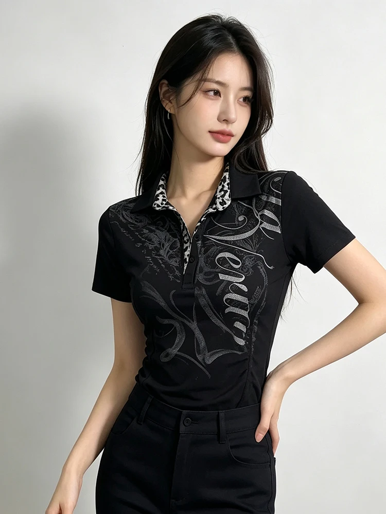Summer Women Retro Fitted Lapel T‑Shirt Leopard Patchwork Polo Collar Abstract Cursive Dark Print Partial Buttons Streetwear