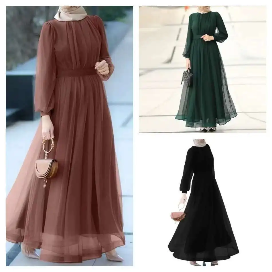 2025 New Muslim Long Sleeved Fashionable Casual Mesh Double Layered Pleated Elegant Dress Ramadan Dubai Luxury Islam Elegant