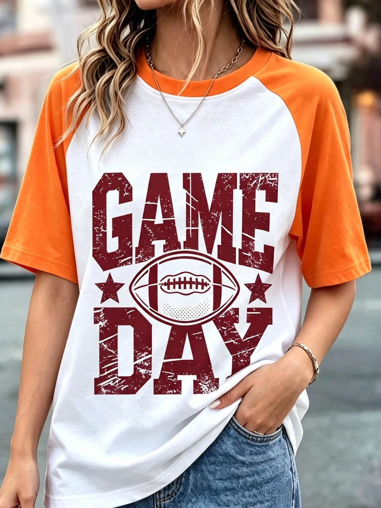 Vintage Distressed GAME DAY Football Star Graphic Raglan T Shirts, Women Color Block Contrast Short Sleeve Casual Sports Game Day Tee