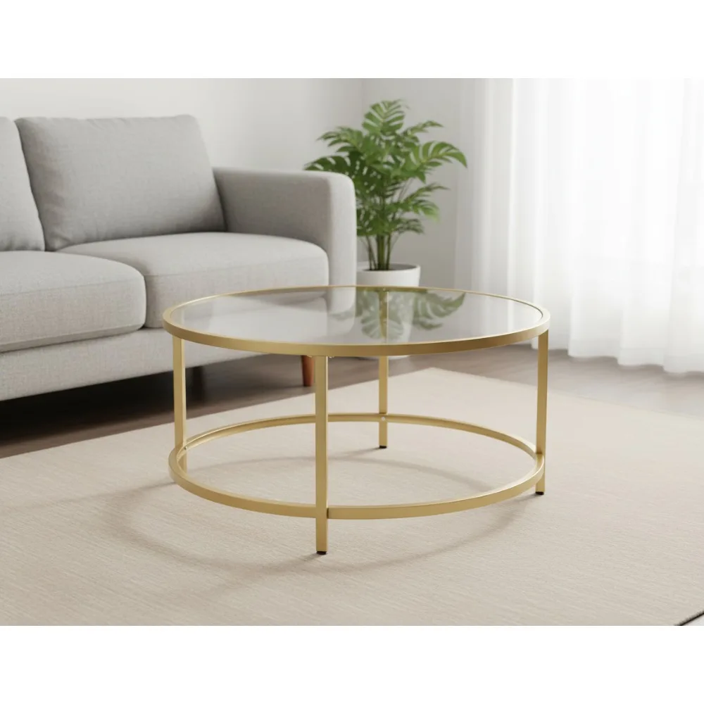 

Elegant Gold Round Glass Coffee Table with Metal Frame, 36" Tempered Top for Living Room, Office & Apartment