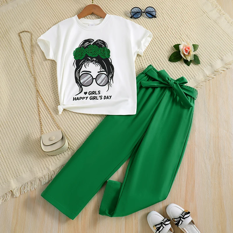 2pcs Girl Fashion Minimalist Cartoon Print Breathable round Neck Knit Top Summer Thin Wide Leg Pants Set