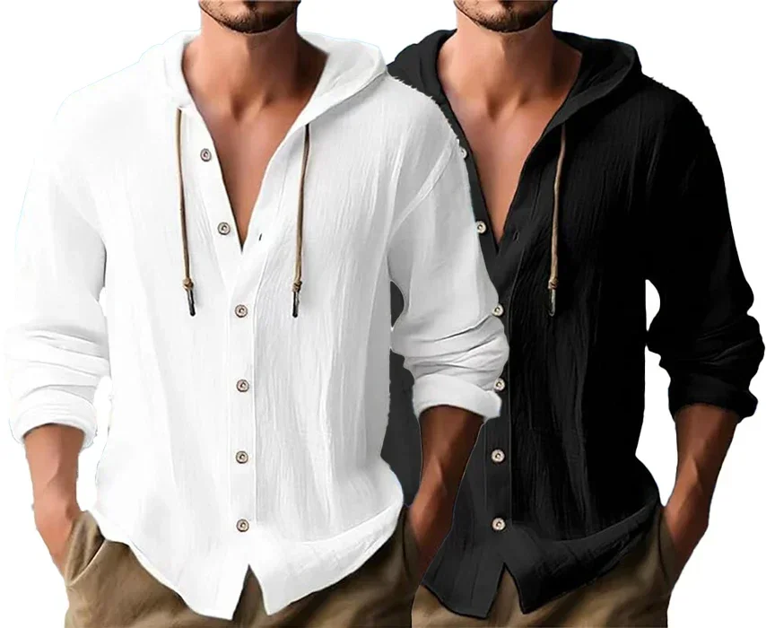 

Men's Solid Color Casual Long Sleeve Shirt Hooded Drawstring Trend Loose Beach T-Shirt Two-piece Set