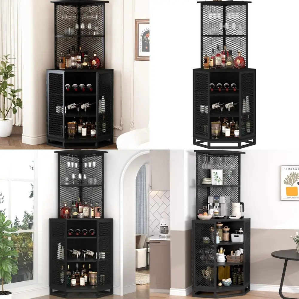 Hoekkast in industriële stijl met 5 planken en glazen rek voor thuisbaropslag