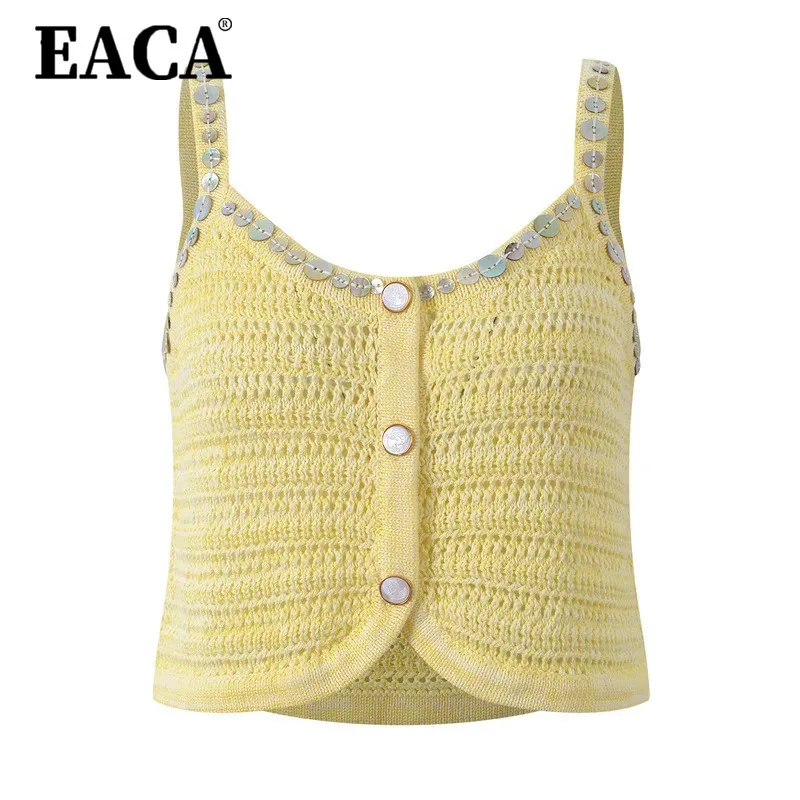 

EACA 2025 Summer Sequin Cropped Knit Tank Top Slimming Fit Y2K Night Out Breathable Lightweight Beach Partywear