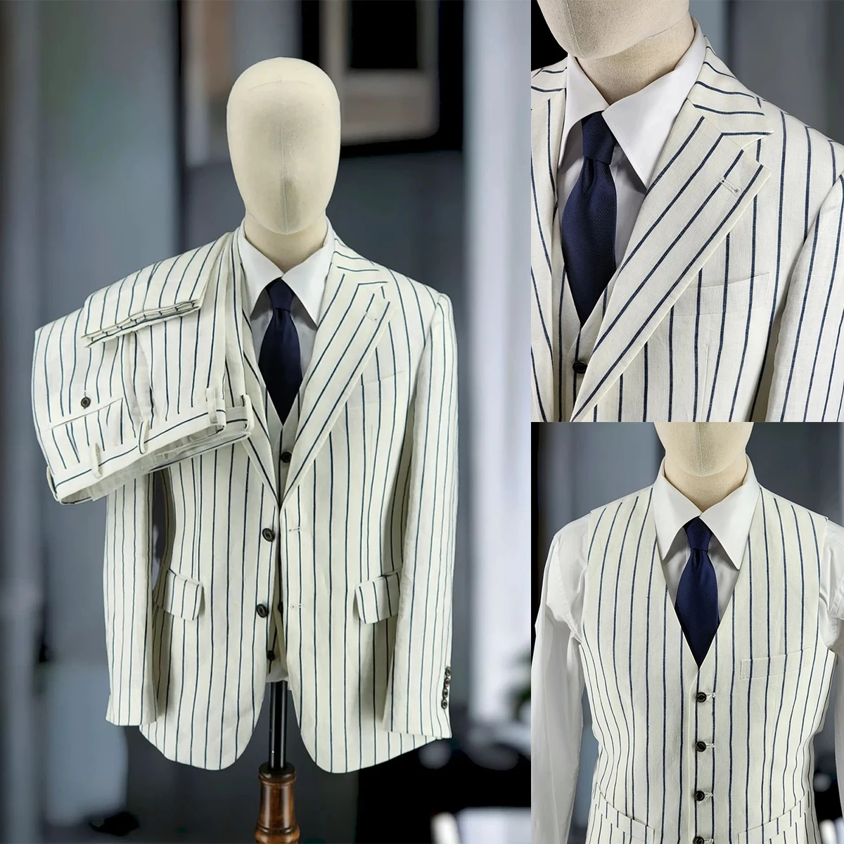 

Men's Suit 3 Pieces Blazer Vest Pants Single Breasted Peaked Lapel Tuxedo Stripes Slim Fit Wedding Groom Tailored Costume Homme