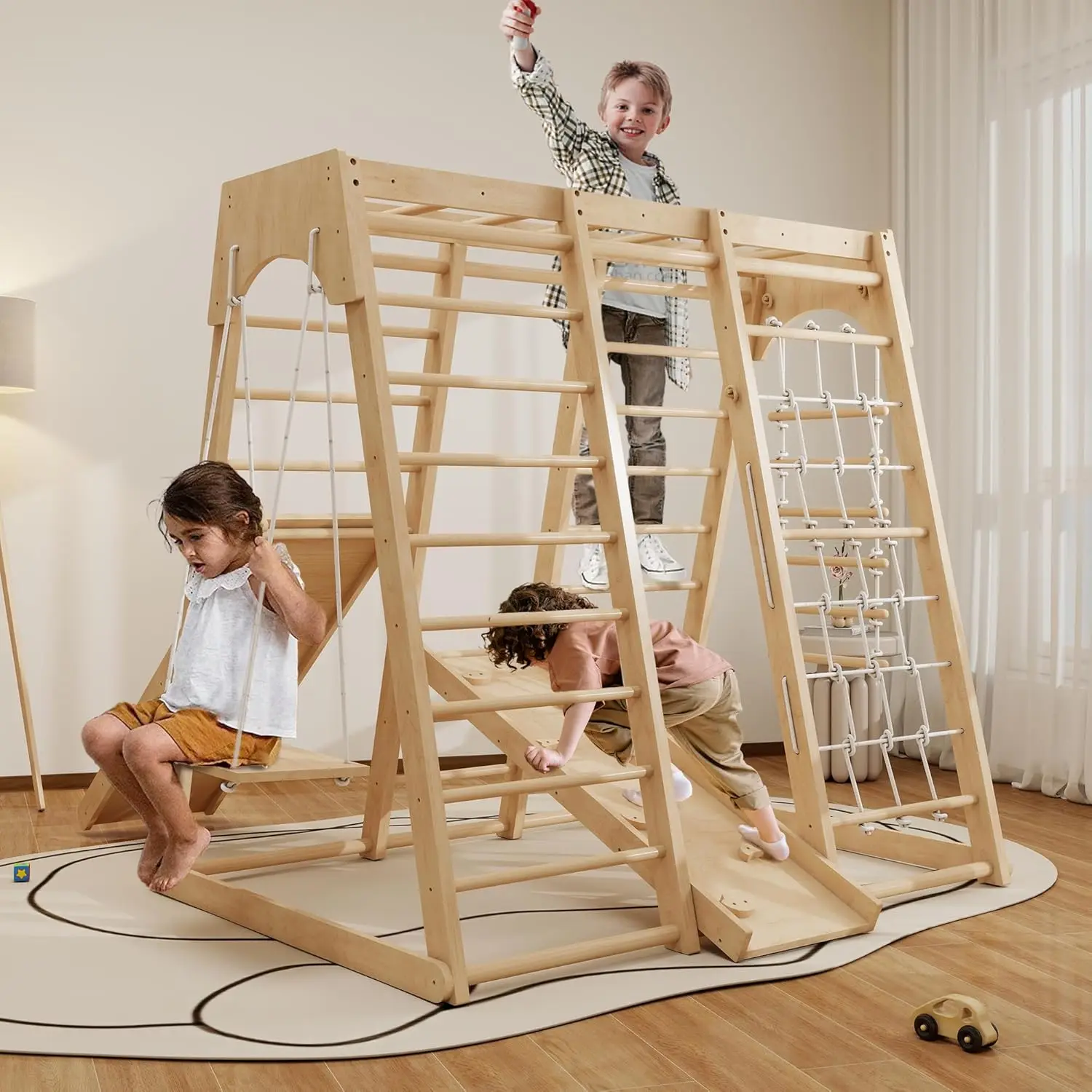 Ginásio interno da selva, brinquedos de escalada montessori, conjunto de playground interno da criança 8 em 1 com balanço, braçadeira, parede de escalada, corrediça, m