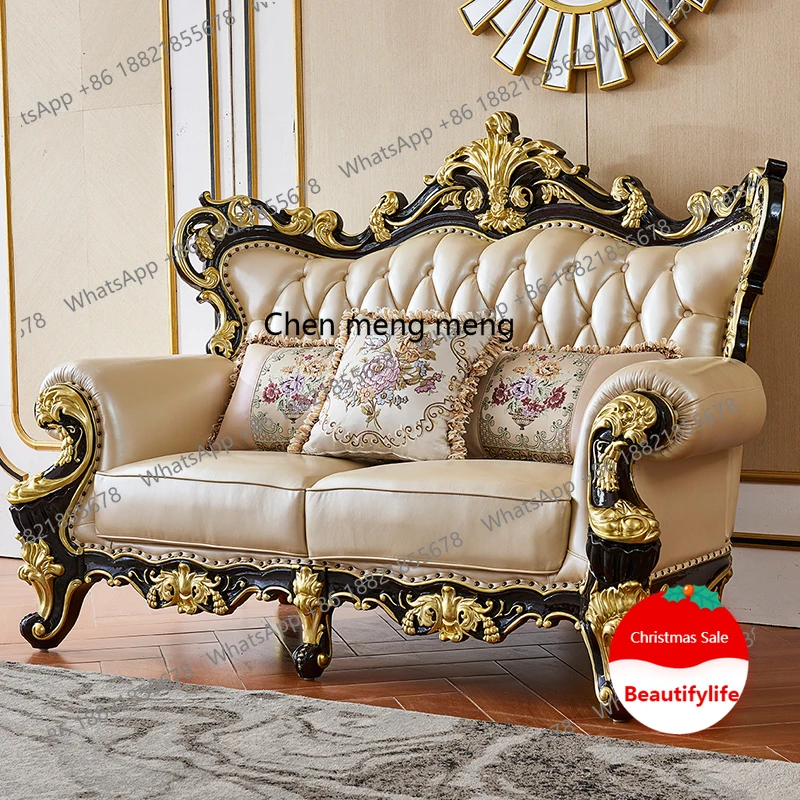 

European leather sofa combination 123 luxury cowhide neoclassical villa living room solid wood furniture customization