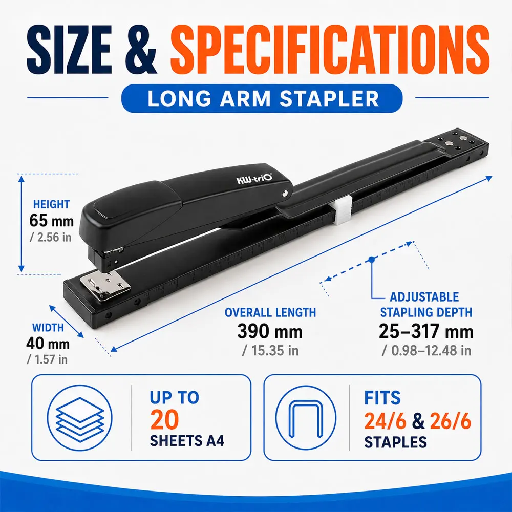 Heavy Duty Long Reach Stapler with Cm/In Ruler and Paper Guide, Staples Up to 20 A4 Sheets, for Office School Booklets DIY