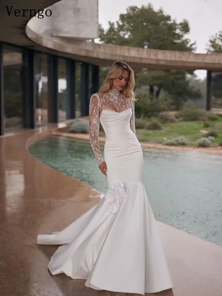 Verngo lvory Crepe Lace Simple Wedding Dress High Neck Mermaid Sweap Train Bridal Gowns Modern Prom Bride Dress Customized