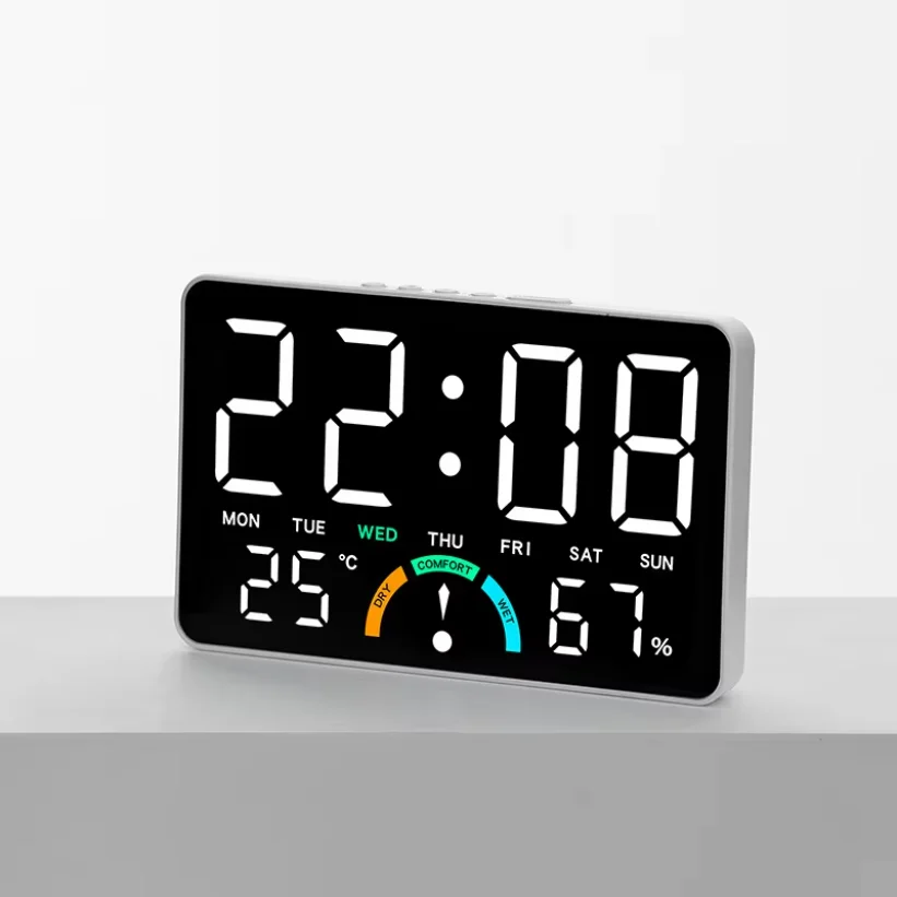 Digital Alarm Clock TEMP Humidity Week Comfort Level Dual Alarm Snooze Table Clock 12/24H Timer Auto Dimmable LED Wall Clock