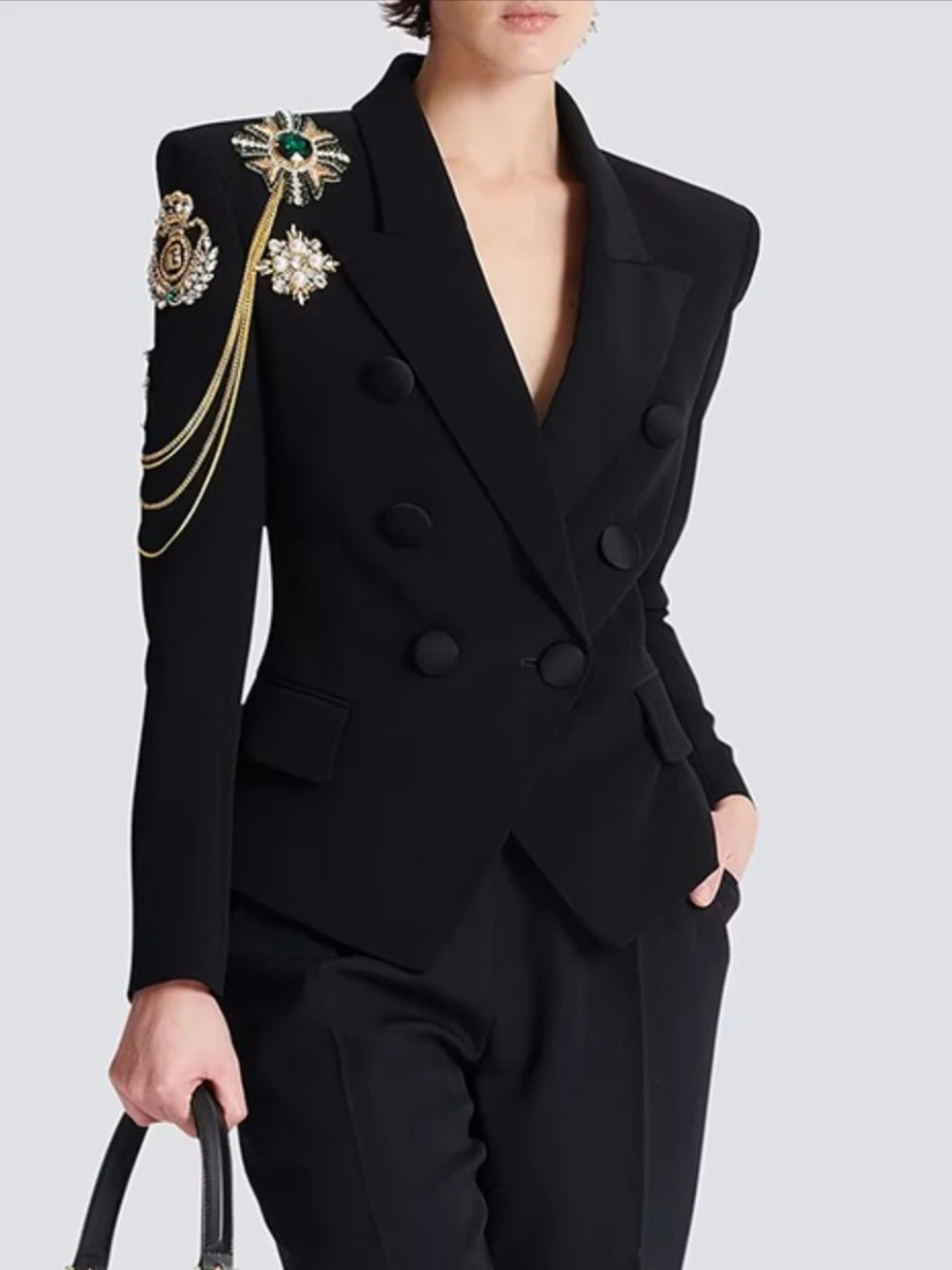 TWOTWINSTYLE Slimming Spliced Bead Temperament Blazers for Women Lapel Long Sleeves Patchwork Chains Fashion Blazer Female New