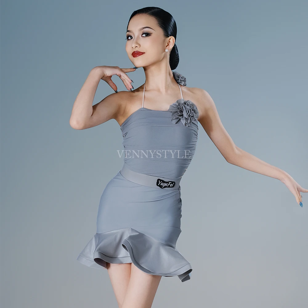 

Vennystyle Latin Dance Costume 2025 - Floral Halter Neck Top in Premium Grey, Girls' Practice Training Wear for Latin Competitio