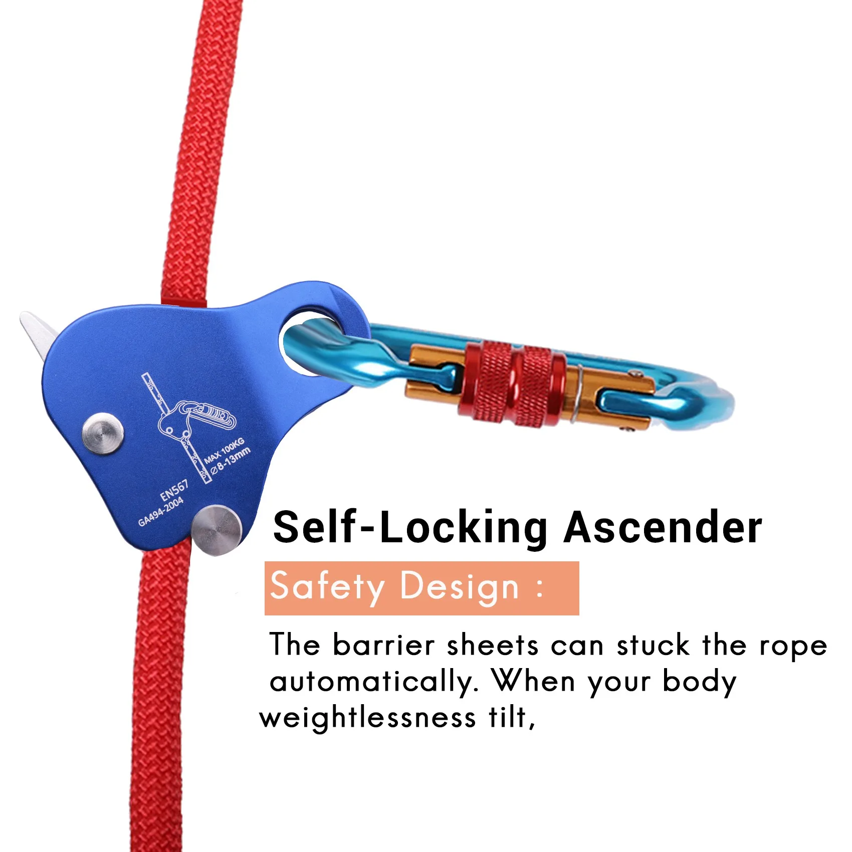 Rope AscenderRock Climbing Tree Arborist Rope Grab Self-Locking Rope Grip for Outdoor Climbing and Rescue 8-13MMBlue