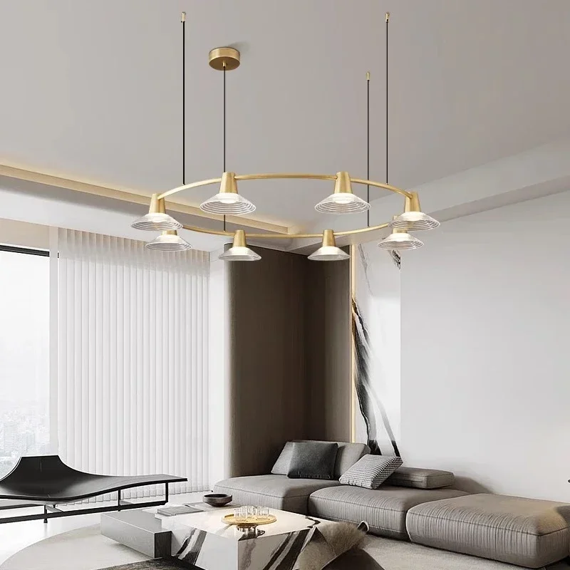 All copper living room light, simple modern chandelier, high-end bright luxury atmosphere