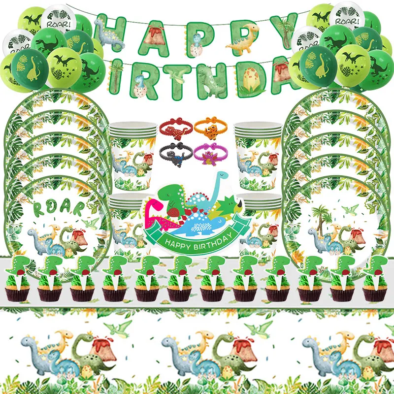 Dinosaur Birthday Party Decoration Supplies Disposable Tableware Mask Foil Balloons Bracelet Favor Jungle Safari Boy Baby Shower