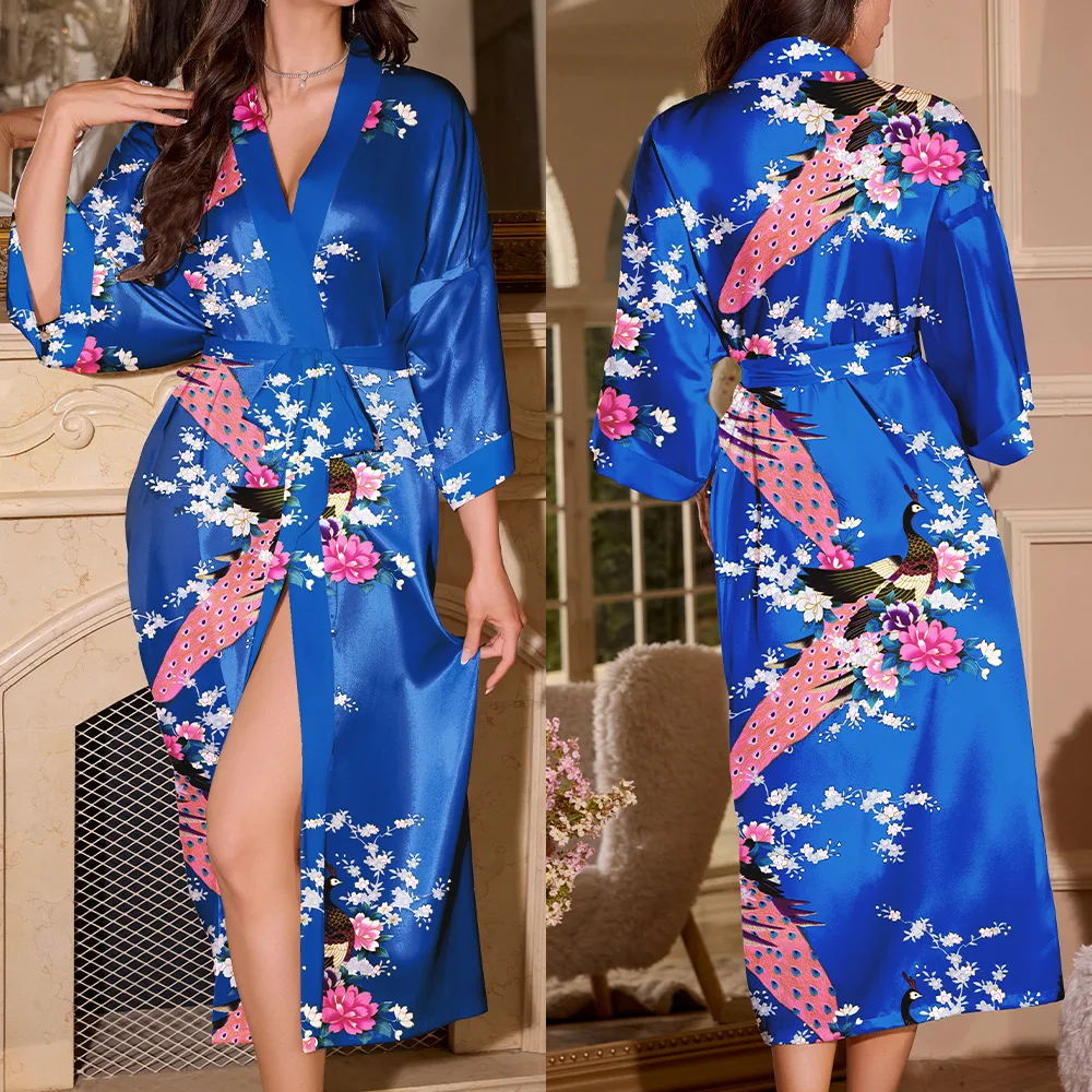 

Print Peacock Flower Kimono Gown Bathrobe Silky Satin Long Robe Negligee Women Sleepwear Loungewear Loose Homewear