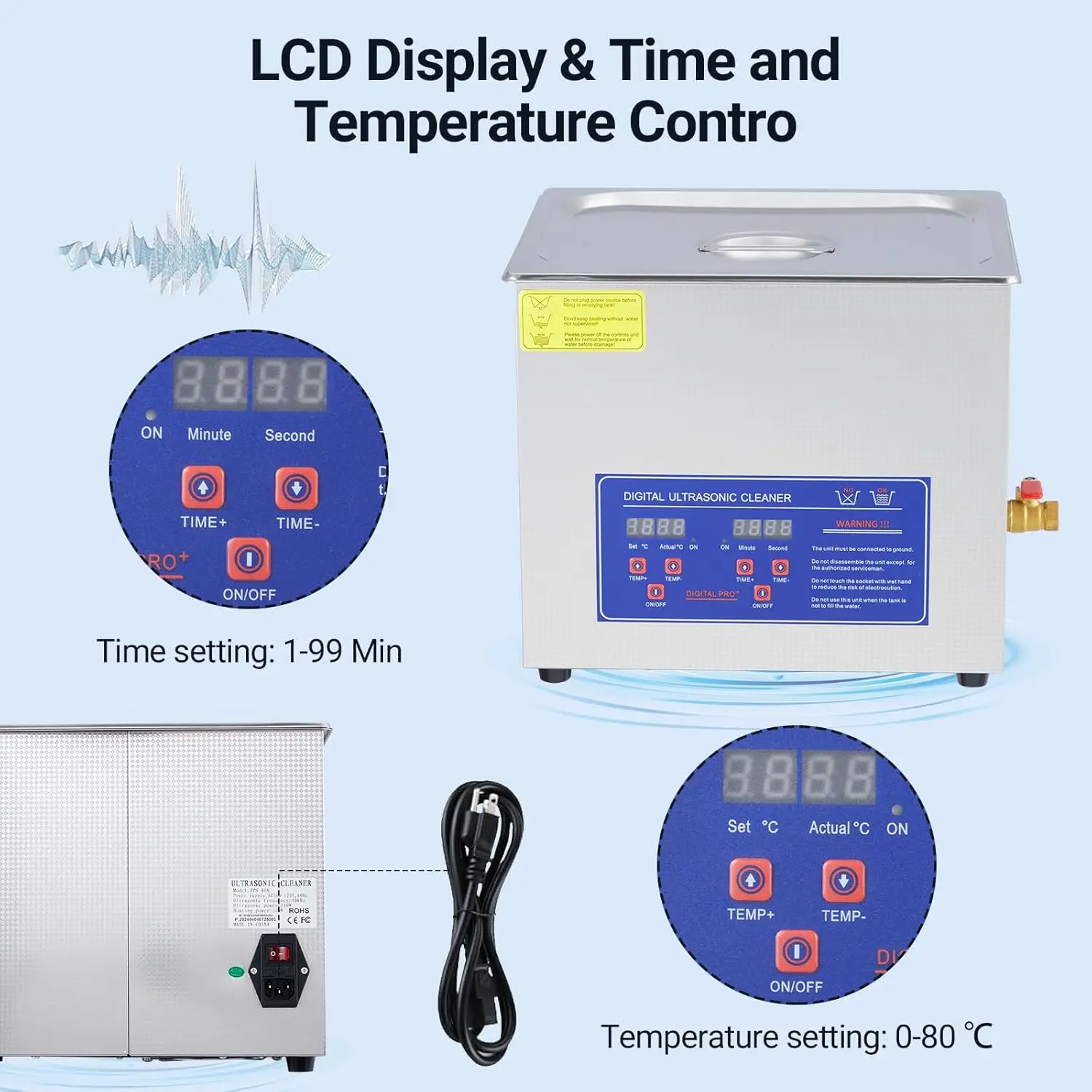 10L Ultrasonic Cleaner, 40kHz Digital Sonic Cavitation Cleaner with Heater & Timer, 2.6 gal Industrial Auto Cleaning Machine