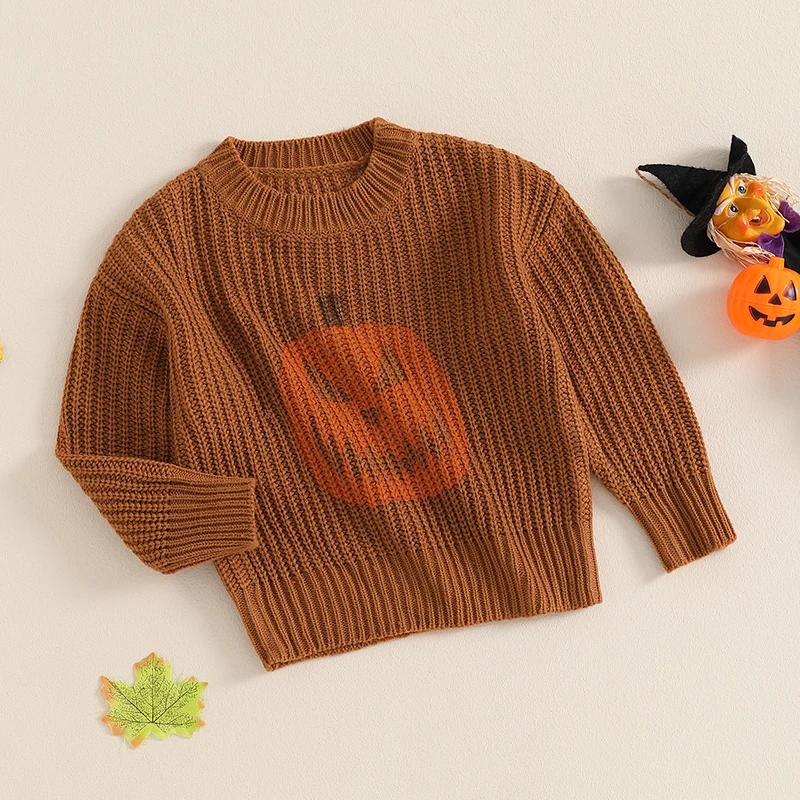 

Suefunskry Toddler Girls Boys Halloween Knitted Sweater Long Sleeve O-Neck Pumpkin Print Pullover Knitwear Tops for Fall Winter