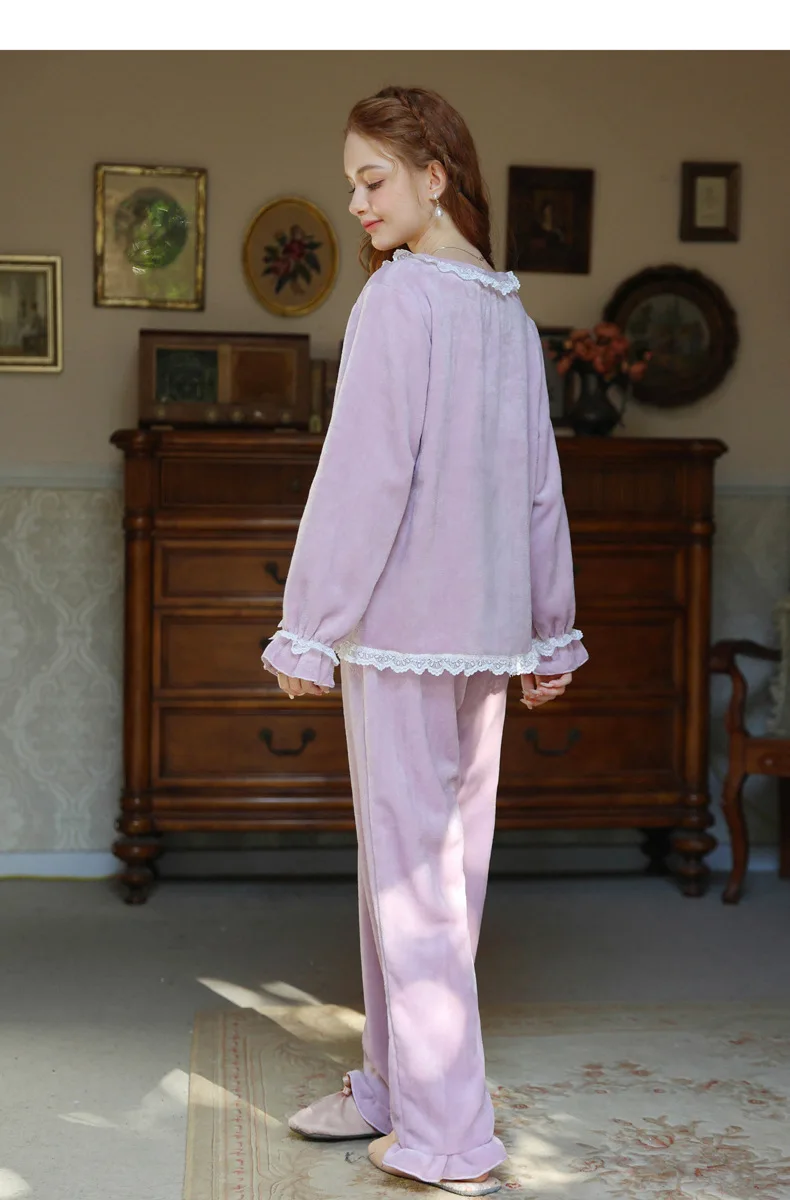 Loose Velour Loungewear Square Collar Velvet Tops Pants Two Piece Sets Princess Sleepwear Nightwear Fairy Women Lace Pajamas