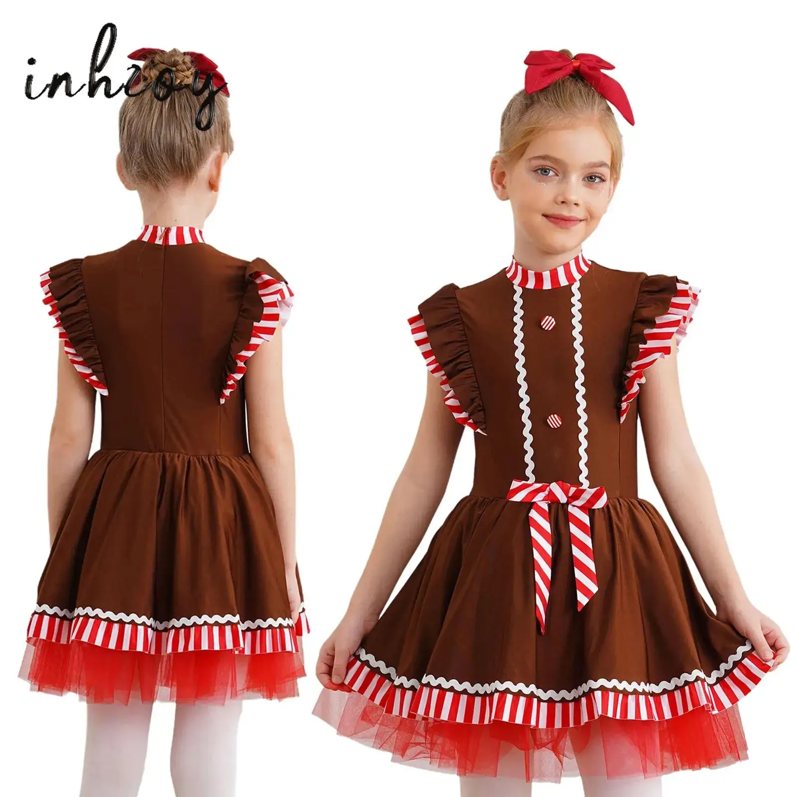 Gingerbread Man Roleplay Dress Up Girls Christmas Party Dress Candy Cane Stripes Ballet Tutu Dance Skating Gymnastics Leotard