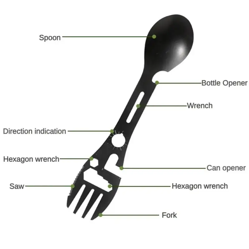 Outdoor Camping Stainless Steel MultiFunction 9 In 1 Integrated Spoon Fork Tableware Dishware Picnic Cutting Knife Bottle Opener