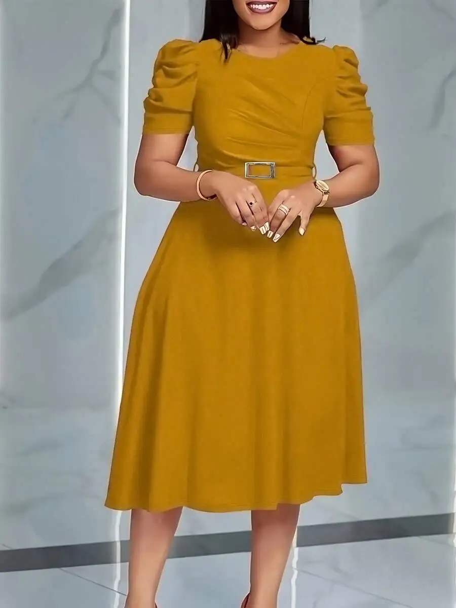 

Womens V-Neck Ruched Midi Dress With Puff Sleeve And Detachable Belt