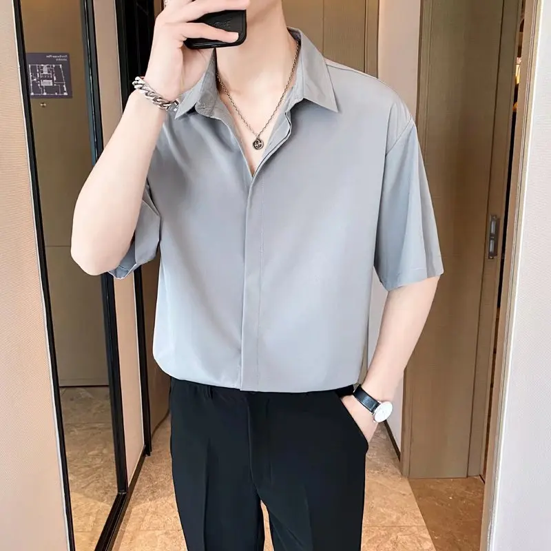 Summer Men\'s Clothing Short Sleeve Lapel Solid Color Thin Business Casual Fashion Simplicity Commute Loose Korean Version Shirt