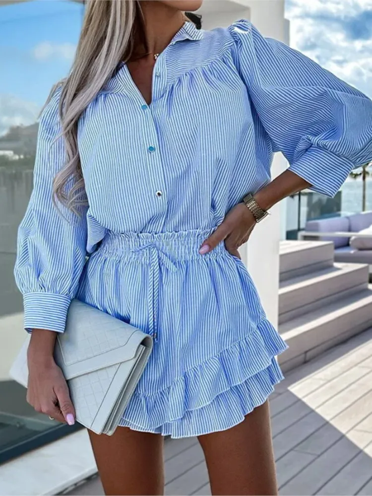 

Spring Autumn Striped Shirt Skirt Women's Suit Casual Lantern Sleeve Loose Shirts 2 Piece Set Fashion Holiday Suits For Women