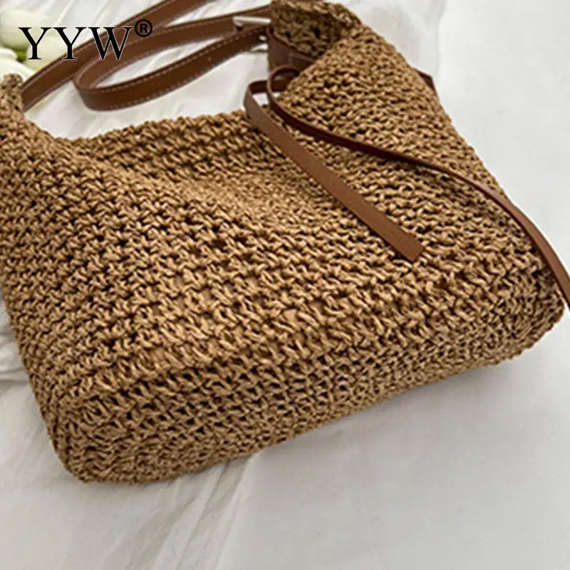 Straw Beach Bag Summer Woven Tote Bag PU Leather Shoulder Bag for Women Casual Large Capacity Female Rattan Boho Handbag Raffia