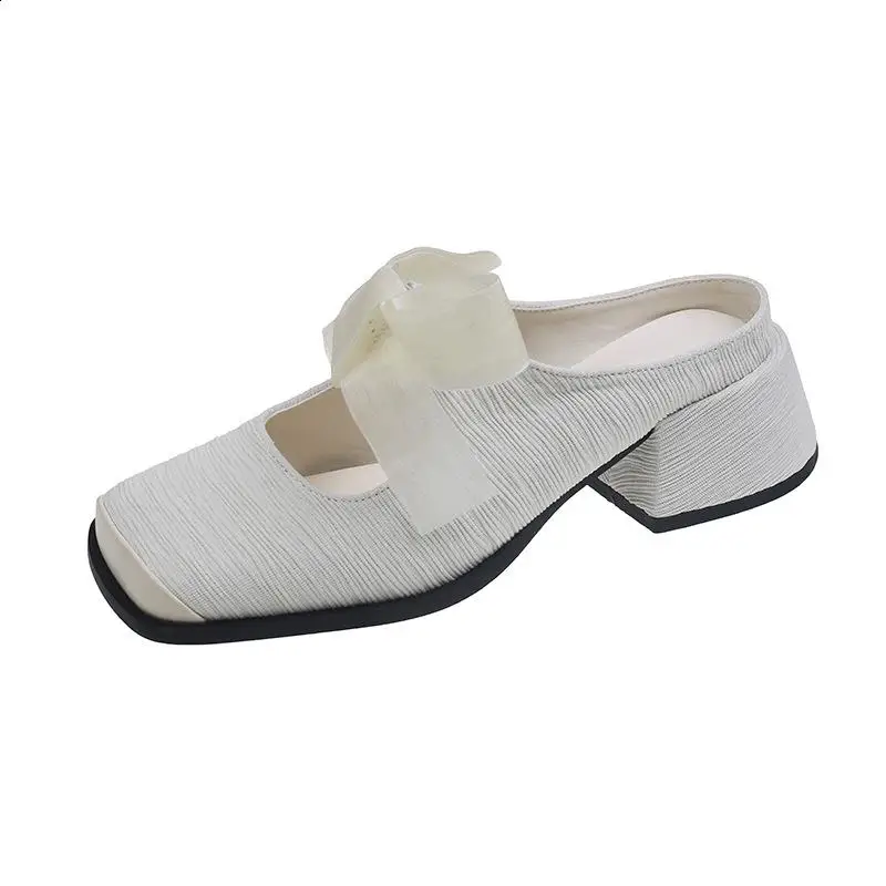 Scarpe punta quadrata mocassini con tacco libero pantofole basse da donna sandali con tacco Beige copertura con nodo a farfalla cinturino in tessuto nero PU Sl