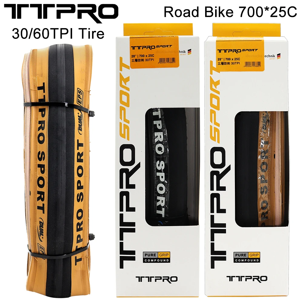 TTPRO Road Bike Soft Steel Wire Tire 30/60TPI 700*25C Yellow Black Edge Puncture Resistant Steel Wired Bicycle Tire