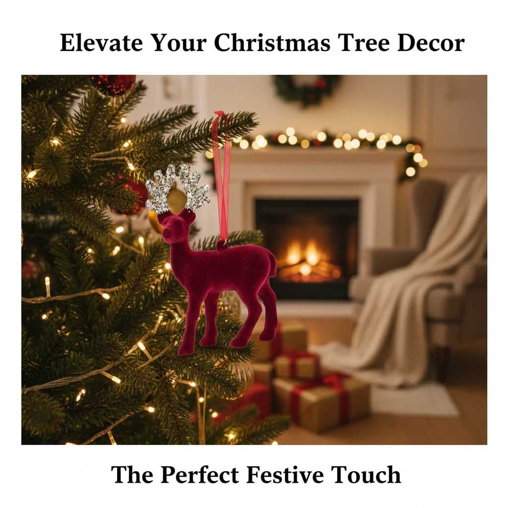 

Elegant Wine Red Velvet Deer Ornament Glitter Antler Elk Decoration for Christmas Tree Tabletop Home Scene Holiday Display
