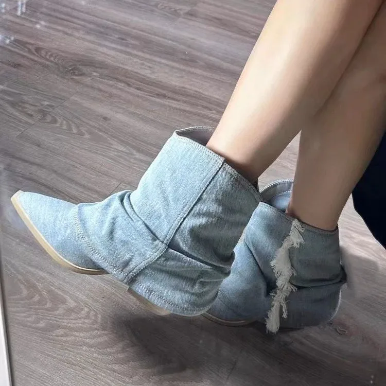 Pleated Denim Ankle Boots Women 2023 Autumn Pointed Toe Thick Heeled Cowgirl Boots Woman Blue Jeans Shoes Botas Plus Size 42