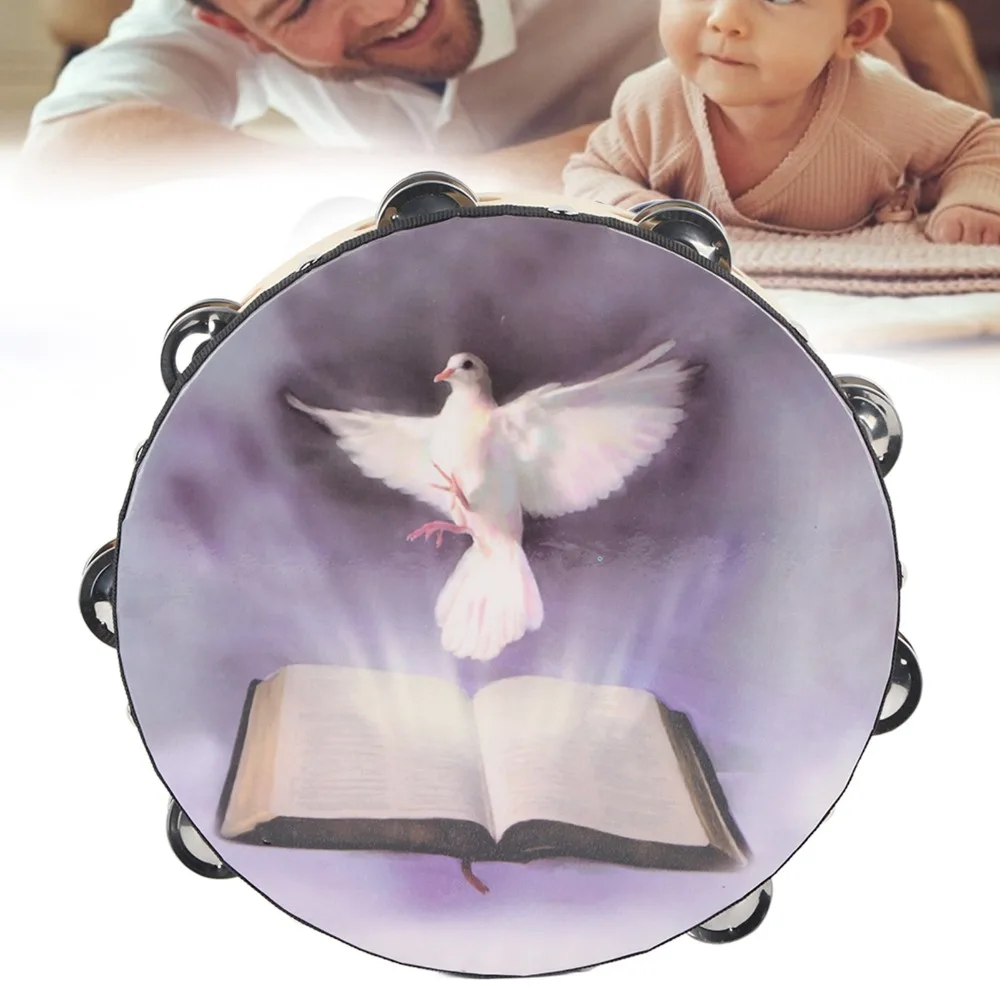 8/10 inch optional size Tambourine Dove pattern decoration Handheld portable style Hand Drum Double row jingle design