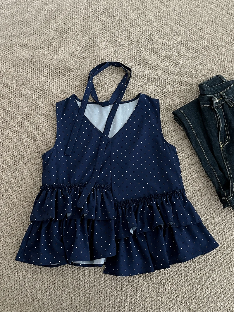 

Polka Dot V-Ne Loose Fit Pullover irt Women's Faion Summer New Sle Breathable Korean Sle Polyester Blend Top