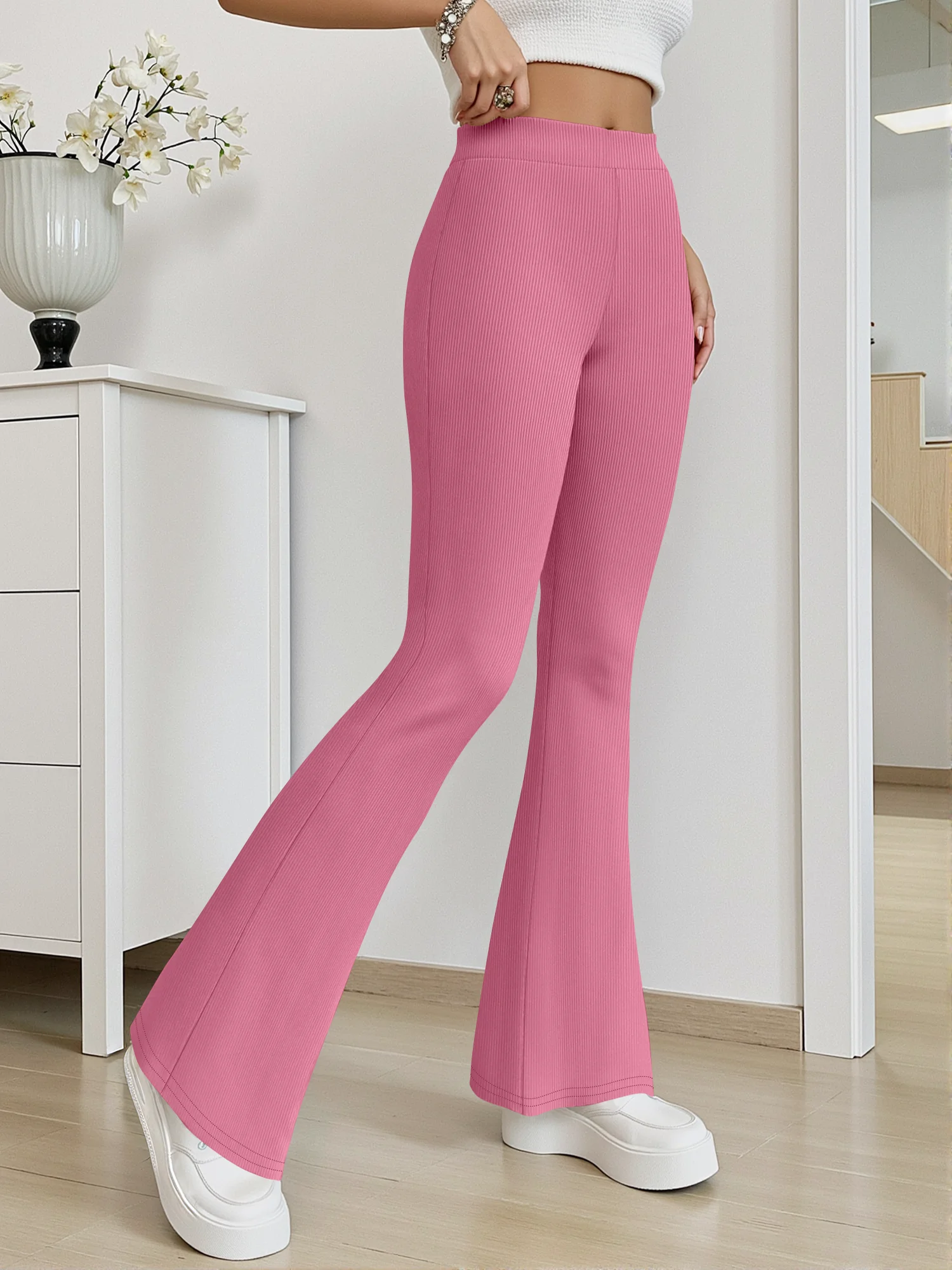 Women Soft Rib Knit Flared Leg Pants, High Waist Butt Lifting Elastic Trousers, Breathable Fabric Leisure Walking & Gym Exercise