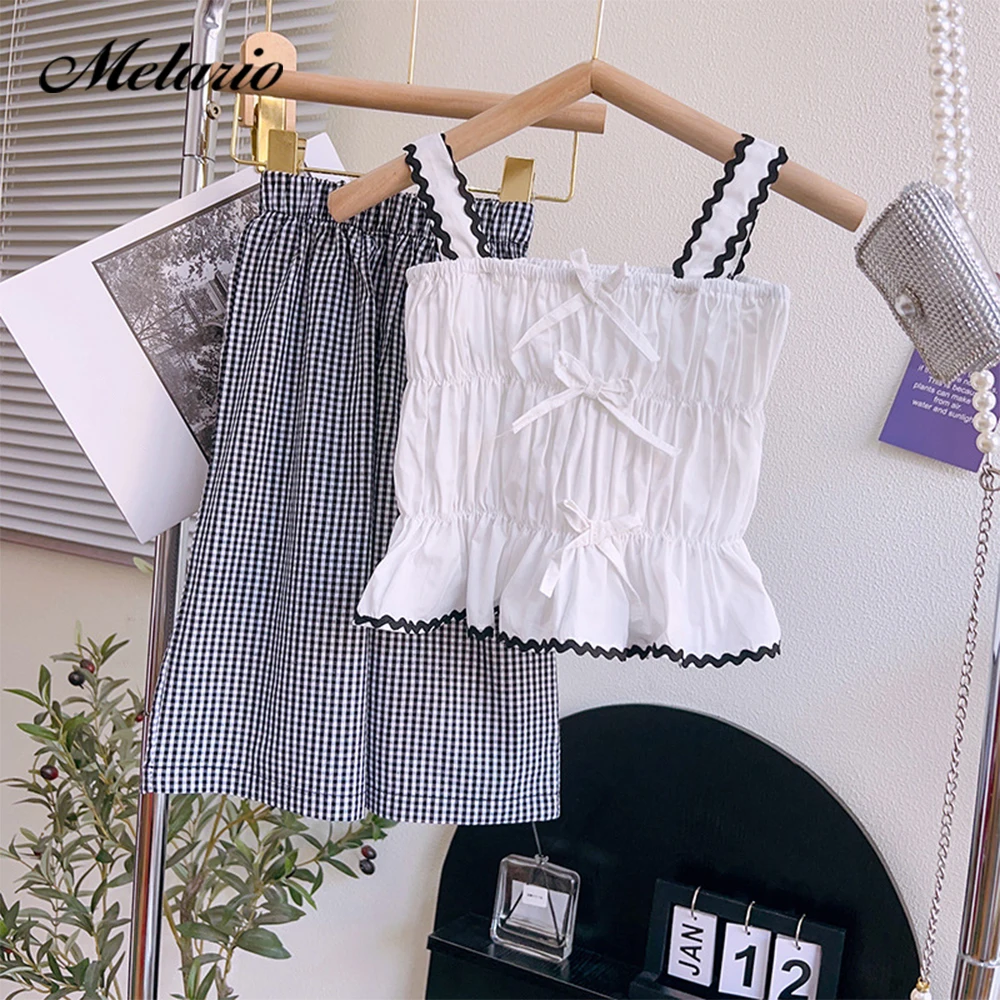 

Melario Girls' Clothing Set Casual Children's Ruffle Bow Fashionable Strap Top+Plaid Pants Set Girls' Vacation Casual Set