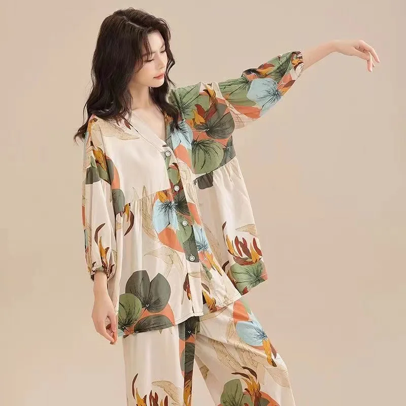 Women\'s Cotton Pajamas Summer Autumn Long-sleeved Trousers Sleepwear Loose Home Wear Print Nightwear Loungewear Pajamas Set