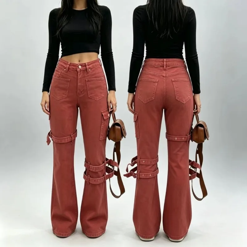 2026 New Carmine New Color Multi-strap Design Sense Tooling Denim Trousers, Elastic Slim and Versatile Denim Overalls.