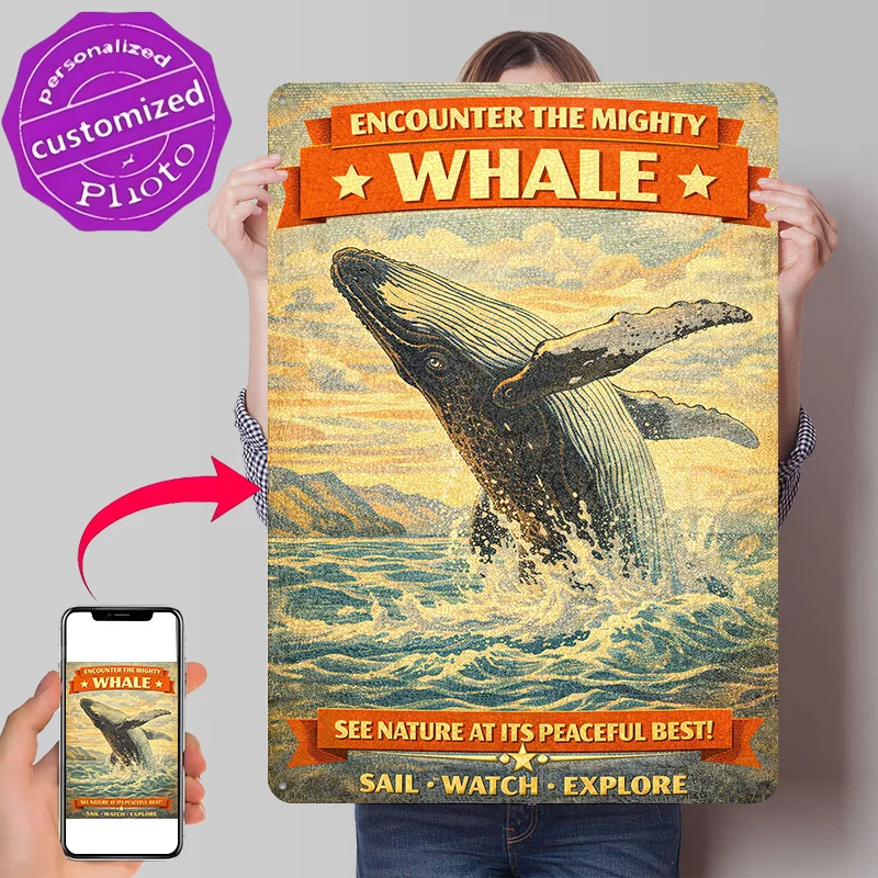 Mighty Whale Jumping Out of Water Vintage Metal Poster Perfect Gift for Fans Lovers Personalized Wall Art Metal Sign for Decor