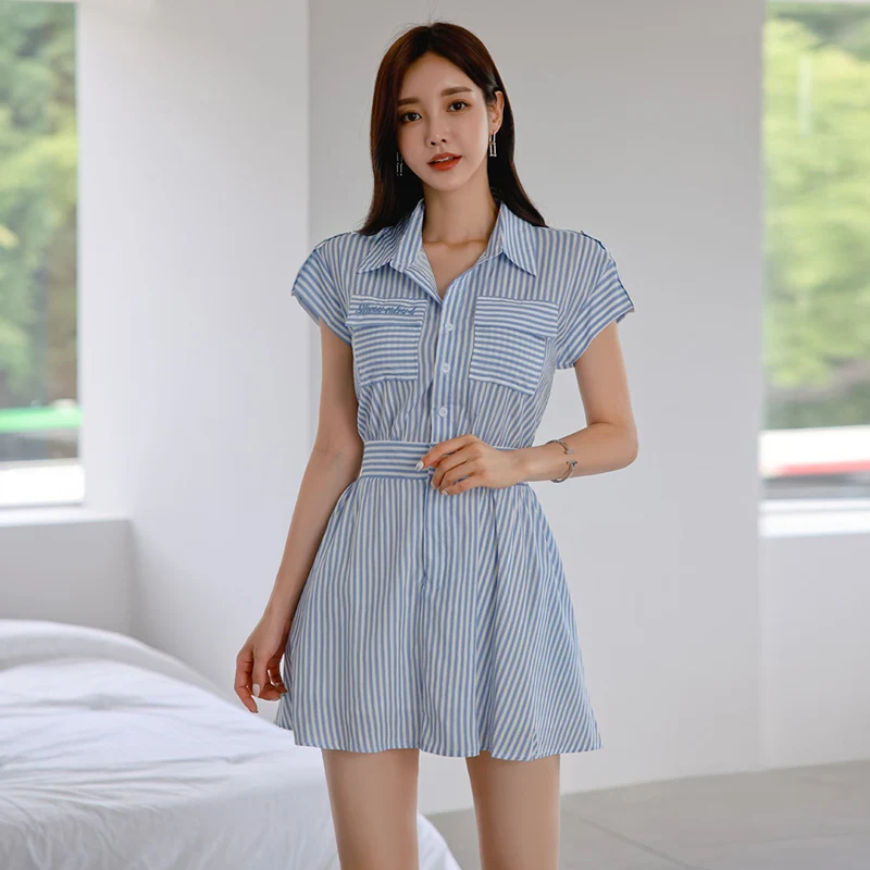 European Korean Style Slim Fit Shirt Collar Dress High Waist Stripe Pattern Short Sleeve High Quality Polyester Fabric