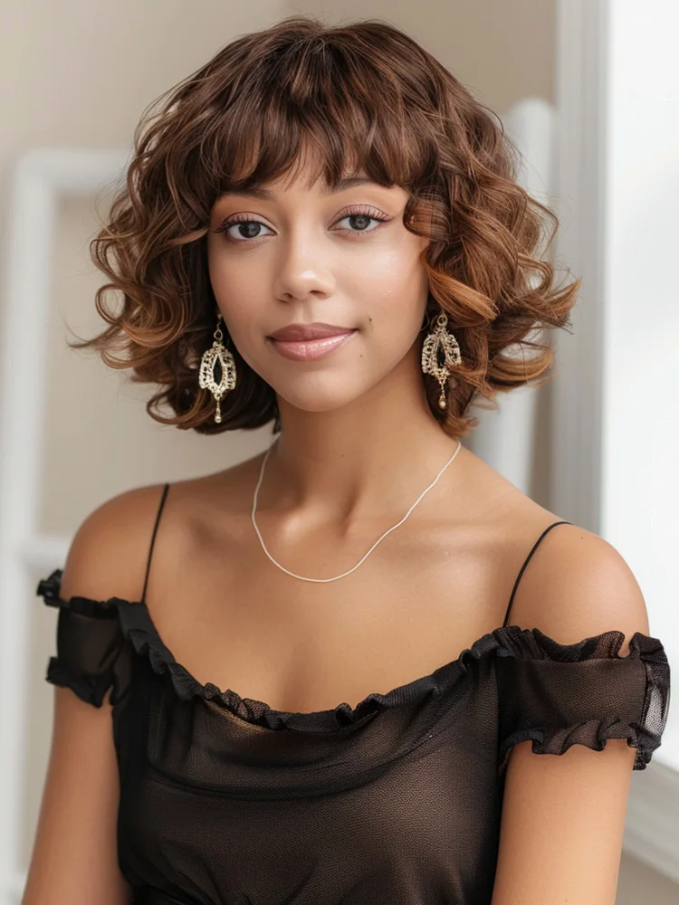 

Lekker Brown 100% Human Hair Wigs Long Pixie Deep Wavy Bob With Bangs For Women Brazilian Remy Hair Full Machine Made Colored
