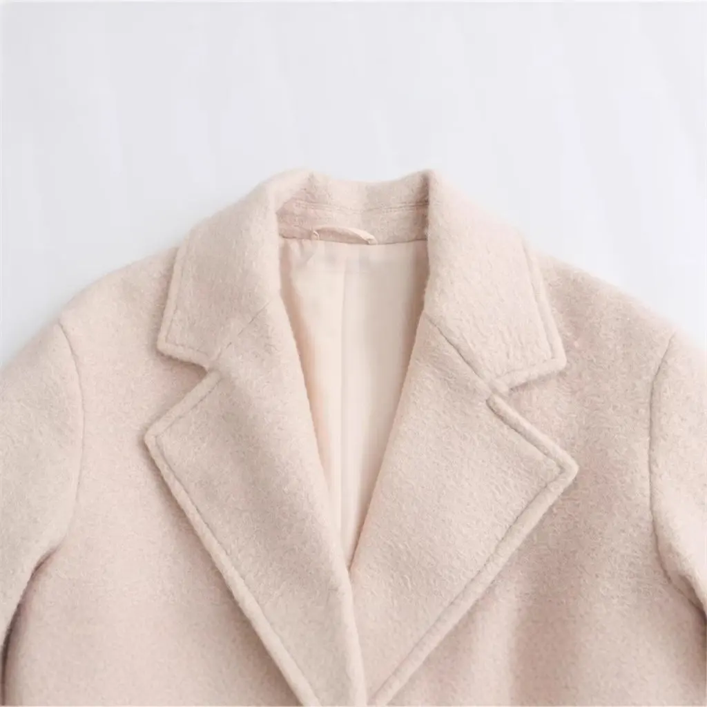 

Women's Elegant Fashion Soft Woolen Coat Spring Autumn European American Style Long Sleeve Lapel Pocket Detail