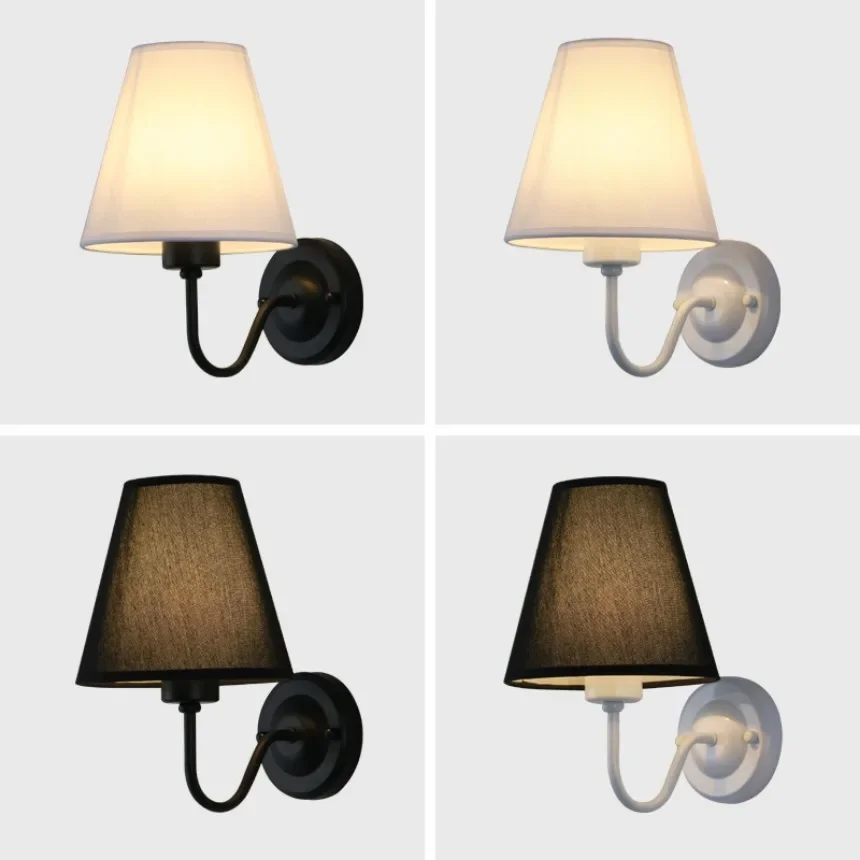 Nowoczesna lampa ścienna LED Retro E27 kreatywna kinkiet z tkaniny czarny/biały/miedziany kryty lampka nocna sypialnia salon lampa hotelowa