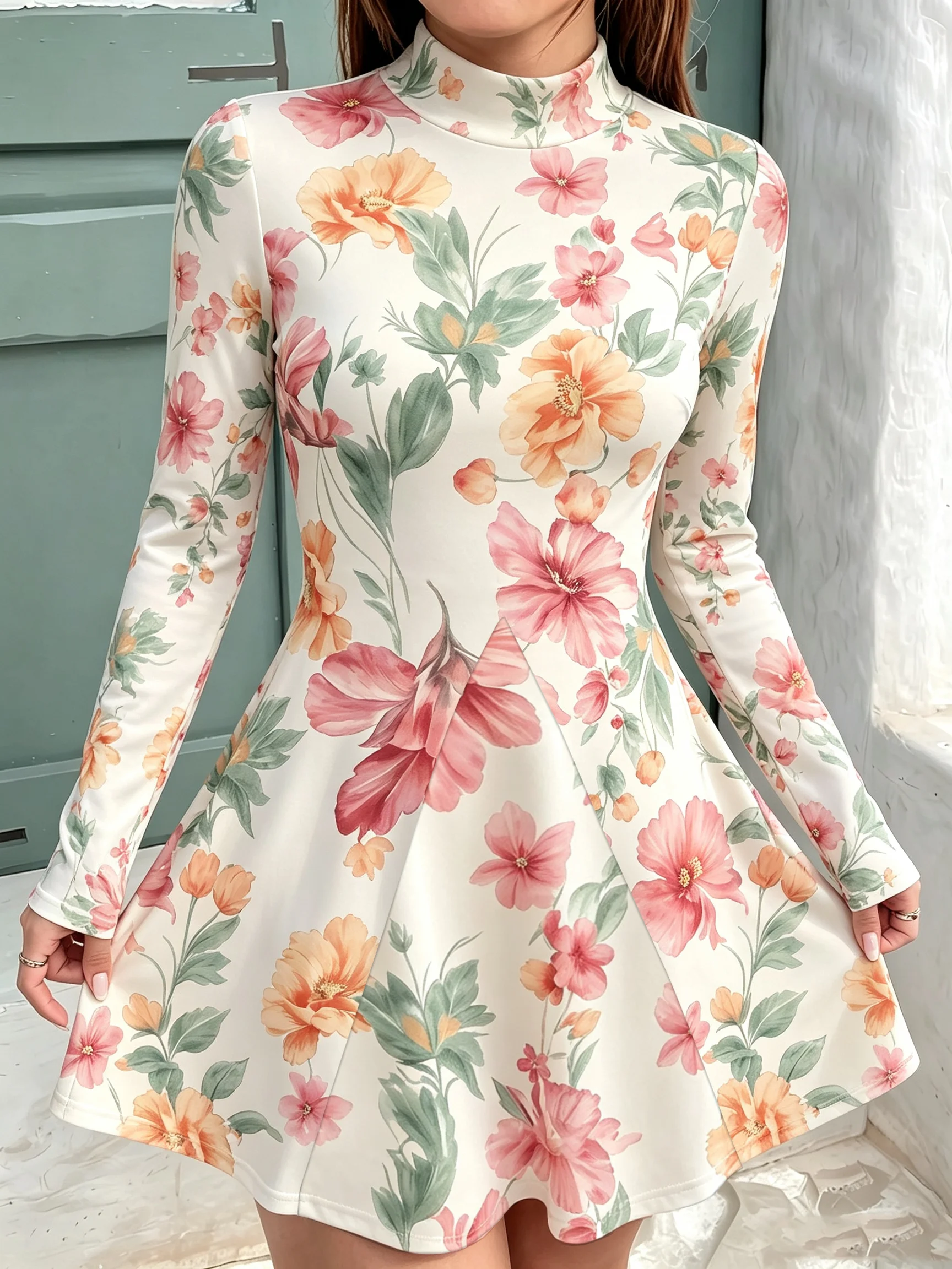 Damen Herbstkleid mit hohem Kragen, langen Ärmeln, A-Linien-Schnitt, lässiger Modedruck mit Blumen- und Blattdesign. – Detail 5