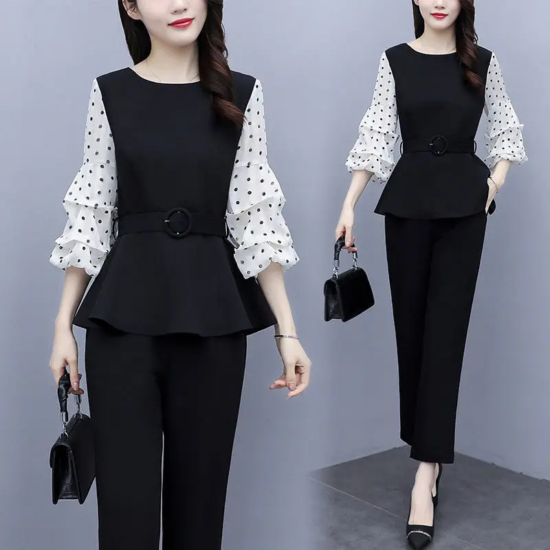 New Waist Closing Slim Wave Point Top Office Professional Harlan Pants Age Reduction 2 Piece Set Temperament Women Suit